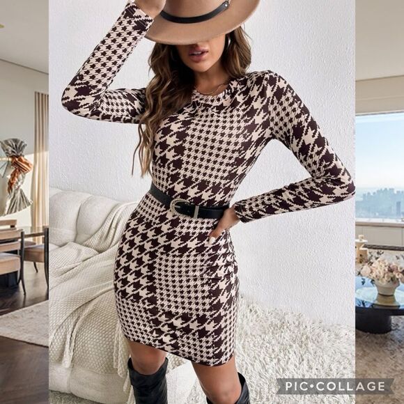 Classic Houndstooth Print Bodycon Pencil Hem Dress - Picture 2 of 8